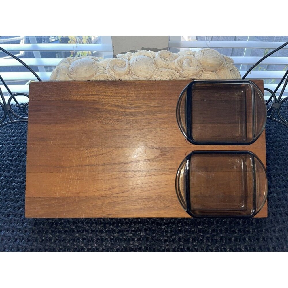 Vintage Mandalay Genuine Teak Serving Tray With Glass Inserts
